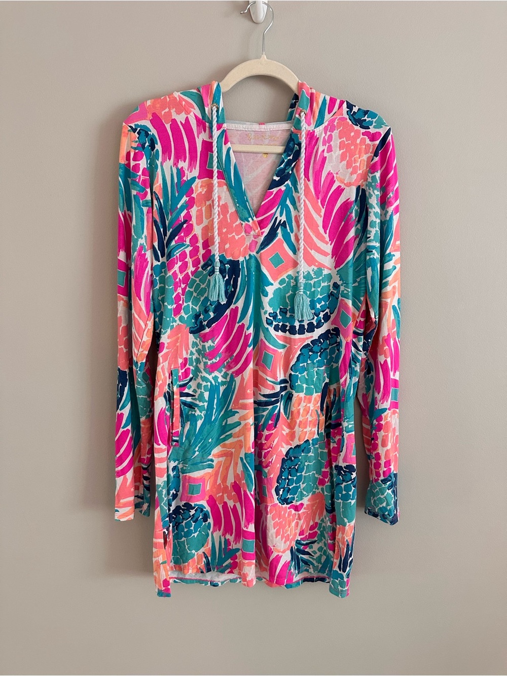 Lilly Pulitzer Swim Cover Up Hooded Pink Tropical Print Tunic Size Medium